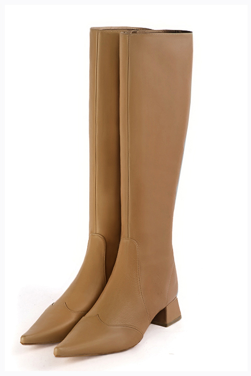Camel beige women's feminine knee-high boots. Pointed toe. Low flare heels. Made to measure. Front view - Florence KOOIJMAN
